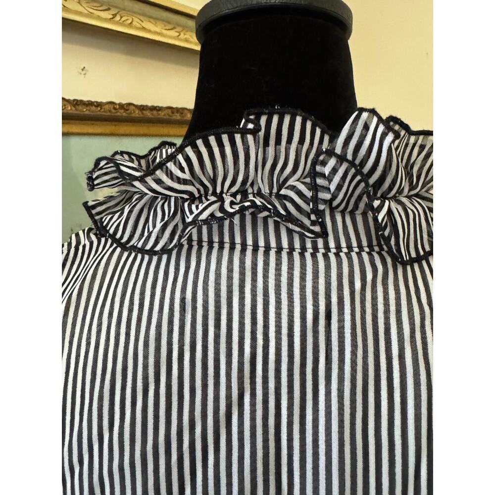 Begum Sheer Ruffle Tie Neck Blouse Black White Striped Romantic Coquette Top - Picture 4 of 9
